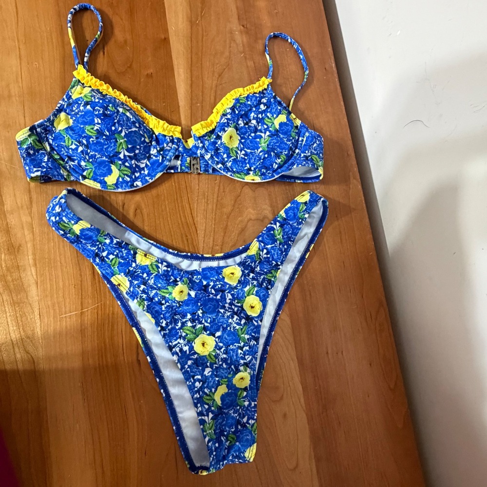 Blue Yellow Floral Underwire Ruffle Bikini Set High Cut Two Piece Swimsuit L